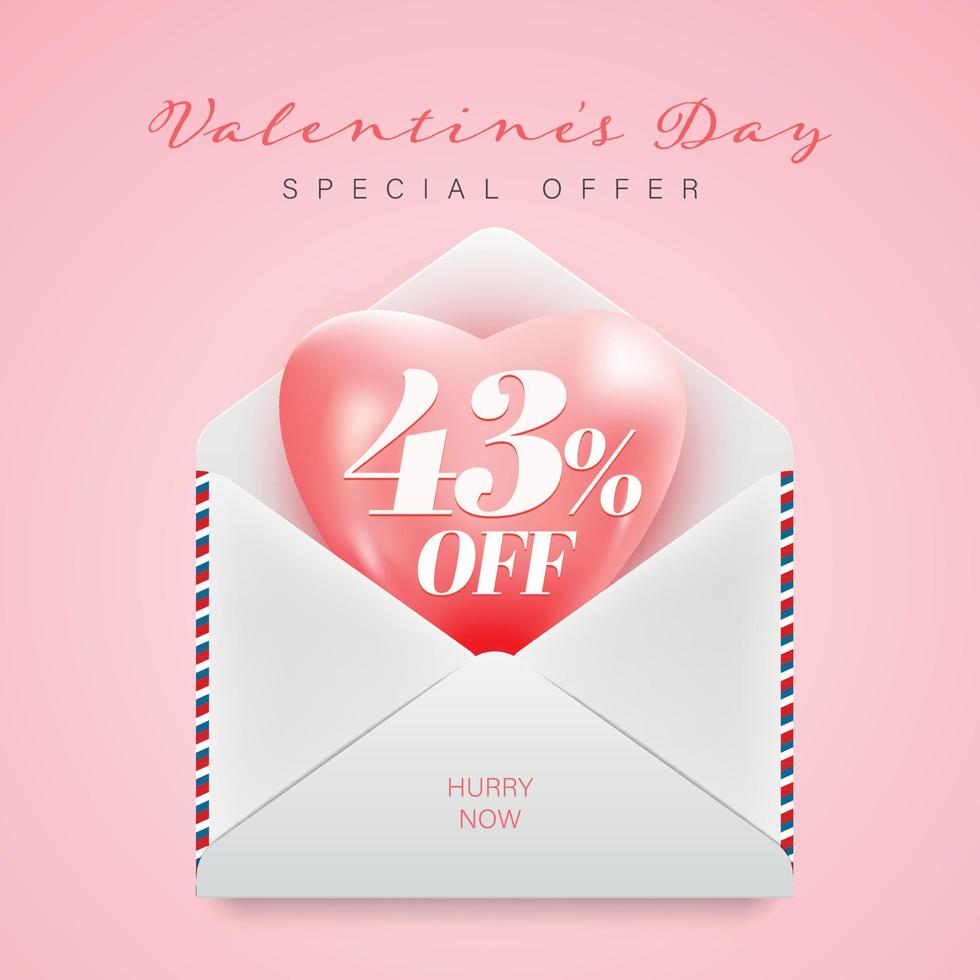 happy Valentines day sale offer unit. offer on 3d heart coming out from envelope. vector