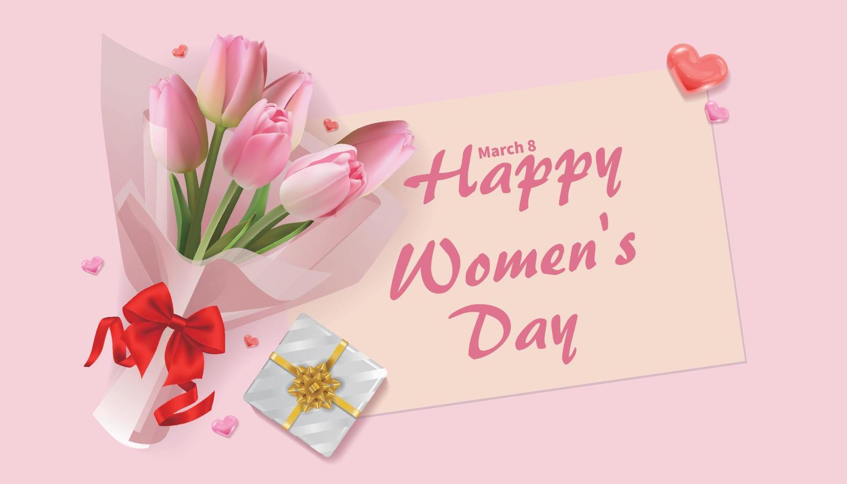 8 March International Women's Day banner with bouquet of pink tulips and gift on pink background vector