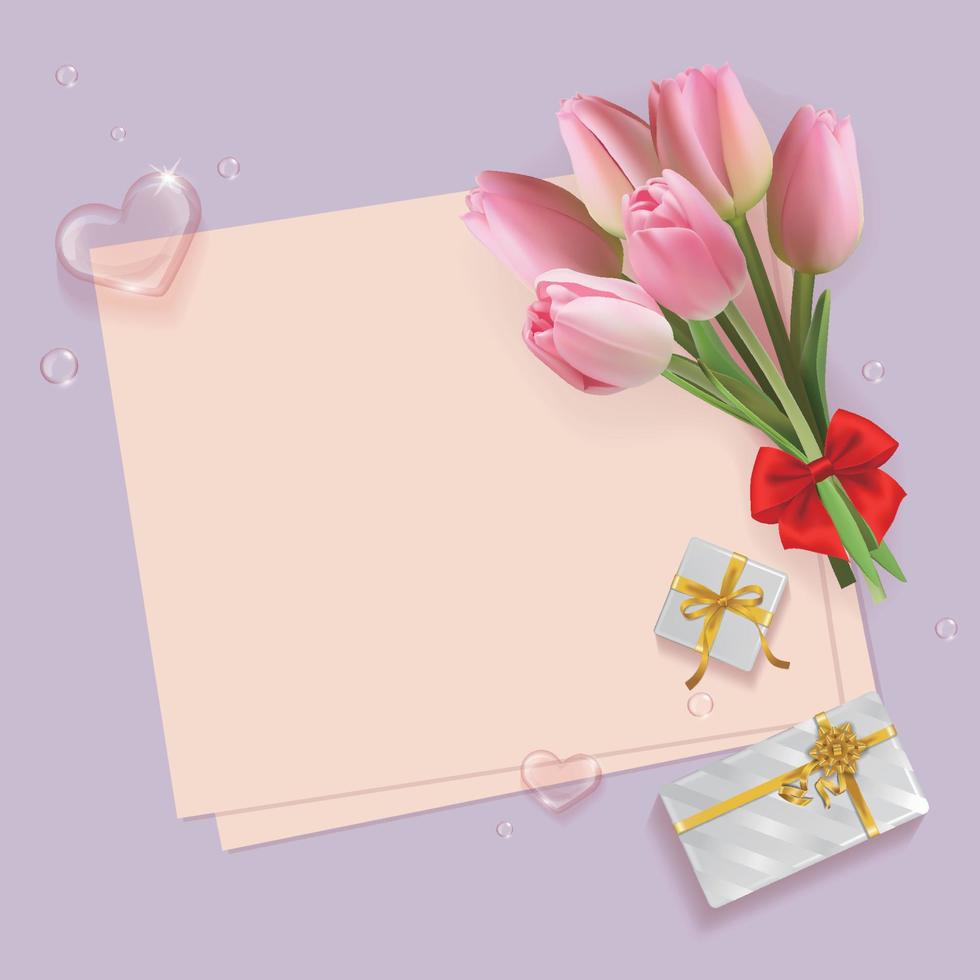 Bouquet frame of pink tulips and gift tied with gold ribbon, purple background vector