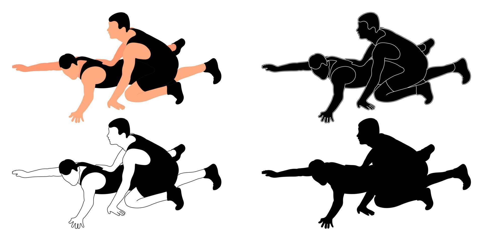 Set silhouettes athletes wrestlers in wrestling, duel, fight. Greco Roman, freestyle, classical wrestling. Martial art vector