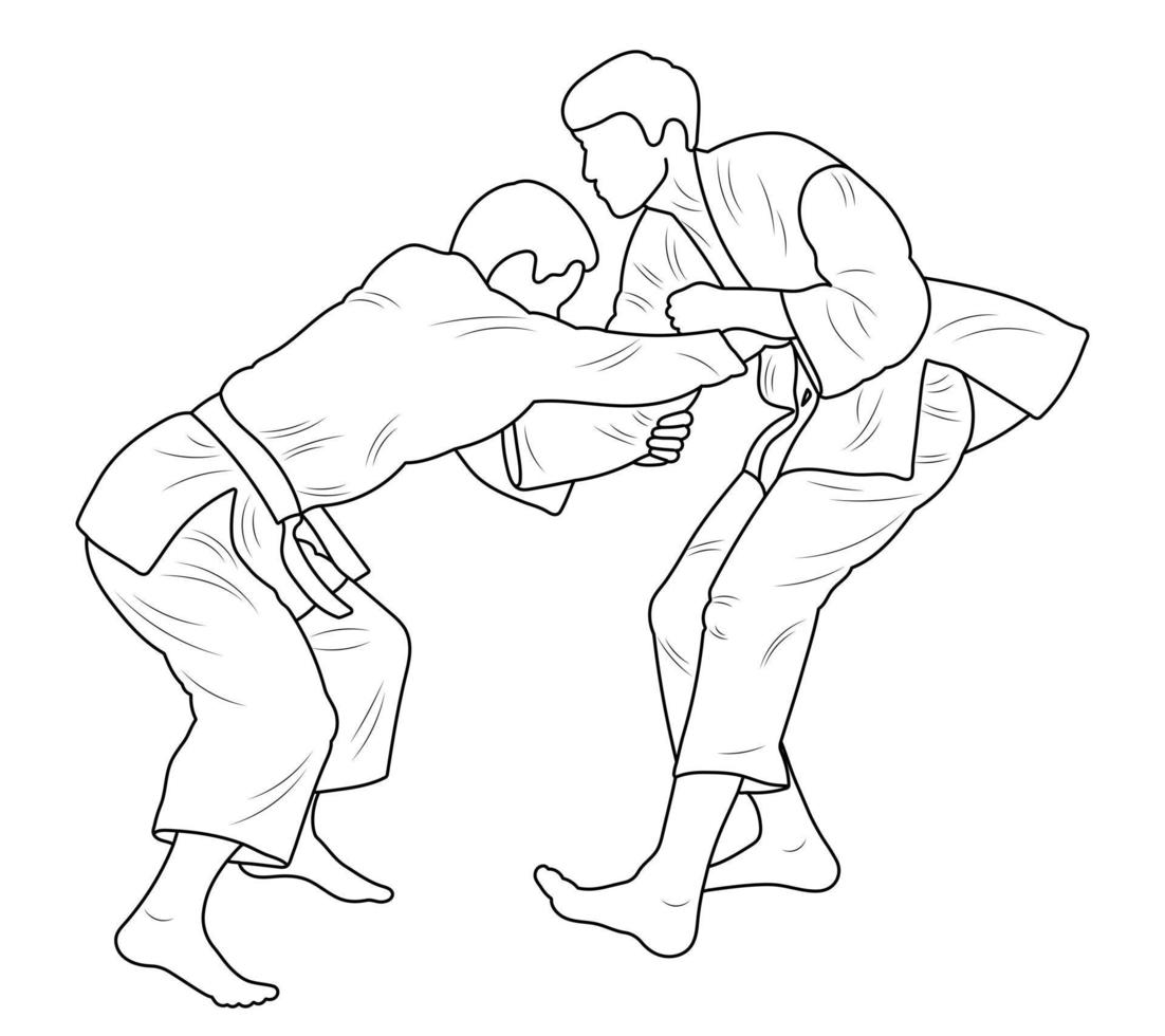 sketch judoist, judoka atleta duelo, lucha, judo, paquete de contorno de silueta de figura deportiva vector