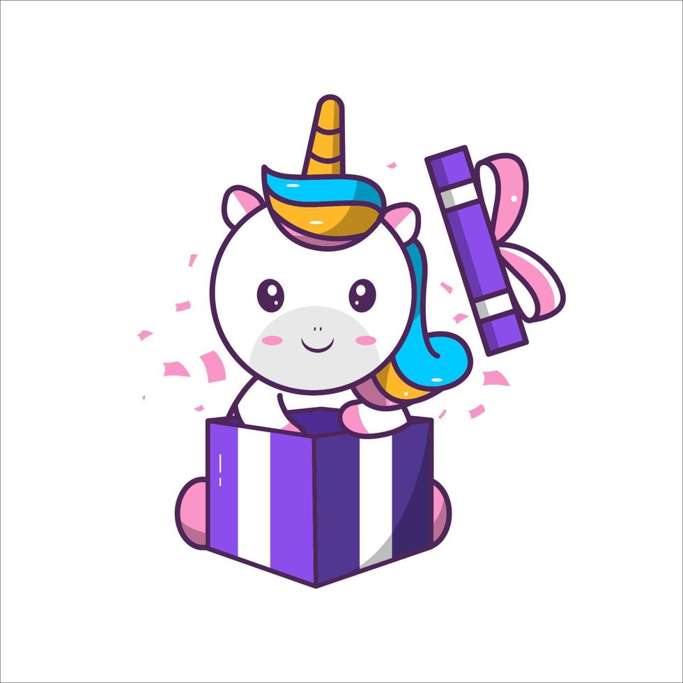 ilustración de un lindo personaje de unicornio abriendo una caja de regalo vector