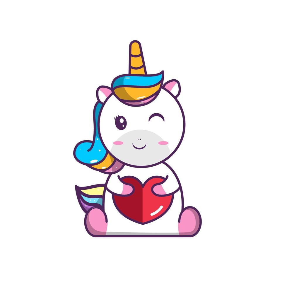 Illustration of cute unicorn character holding a heart vector