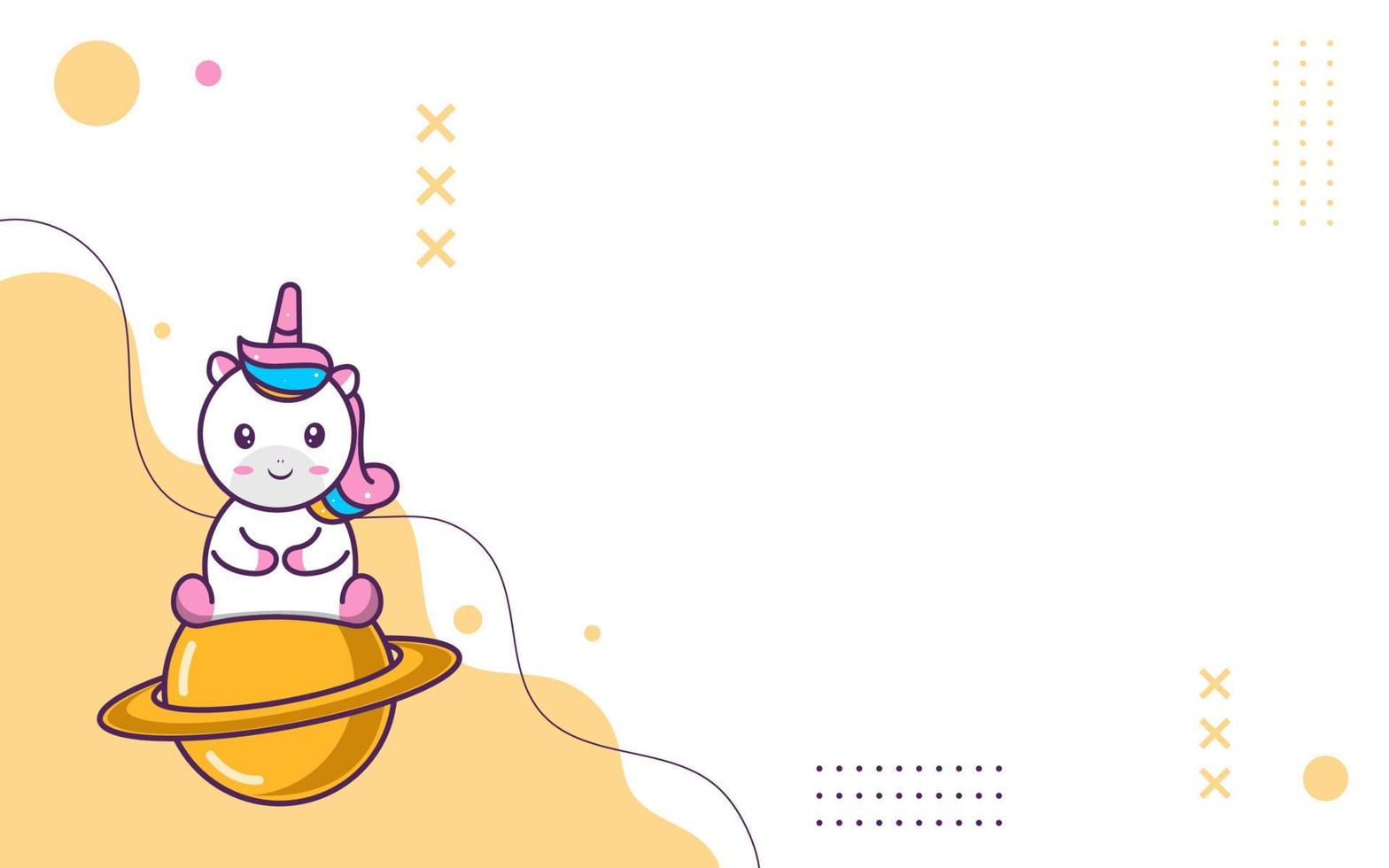 lindo fondo de lindo personaje de unicornio, unicornio sentado en un planeta, adecuado para redes sociales y publicaciones de negocios vector