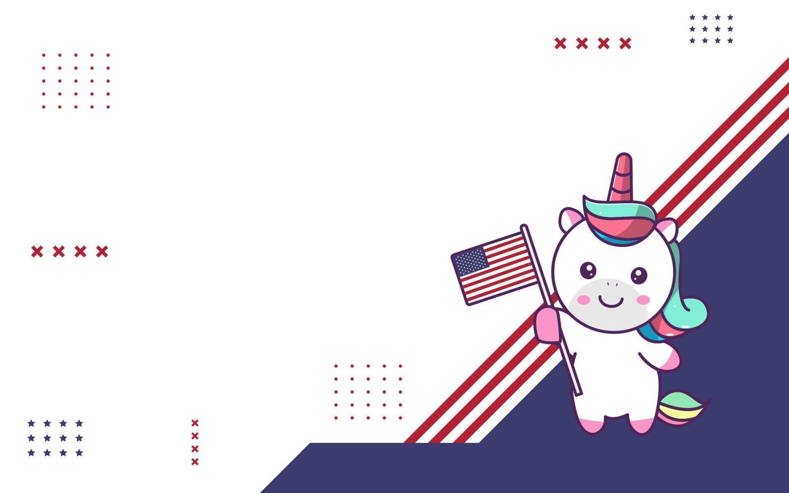 Cute background of cute unicorn character, unicorn holding the united states flag, suitable for social media and business posts vector