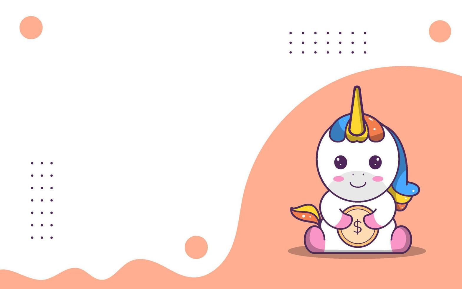 Cute background of cute unicorn character,unicorn carrying dollar coins, suitable for social media and business posts vector
