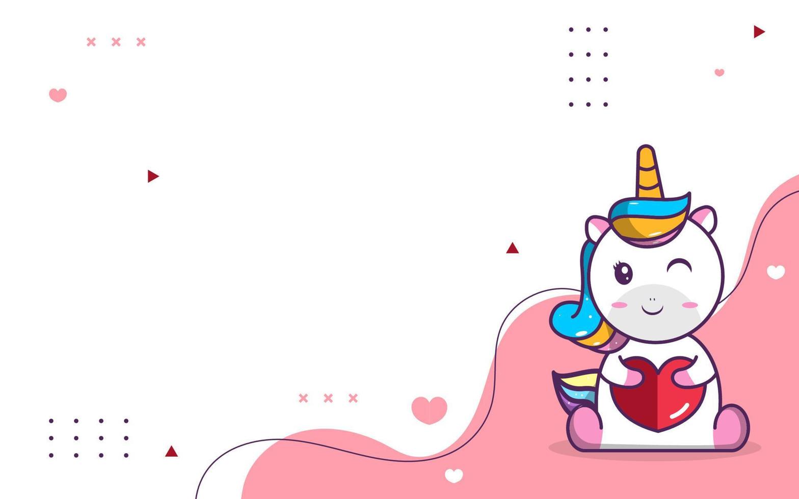 Cute background of cute unicorn character, unicorn holding a heart, suitable for social media and business posts vector