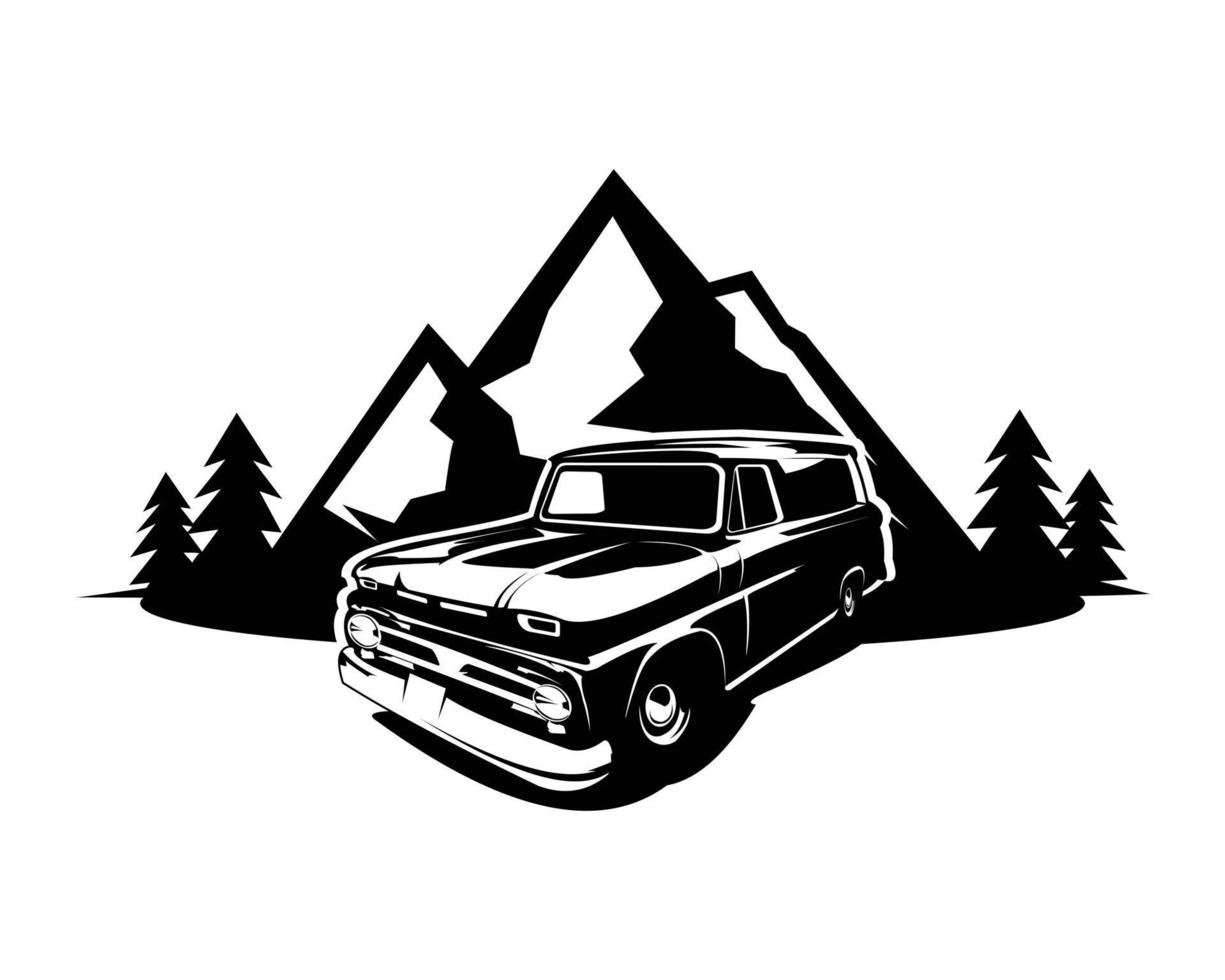 Silueta de camión de panel de 1965 con vista frontal a la montaña sobre fondo blanco. lo mejor para el logotipo, la insignia, el emblema, el icono, el diseño de pegatinas y la industria del transporte. ilustración vectorial disponible en eps 10. vector