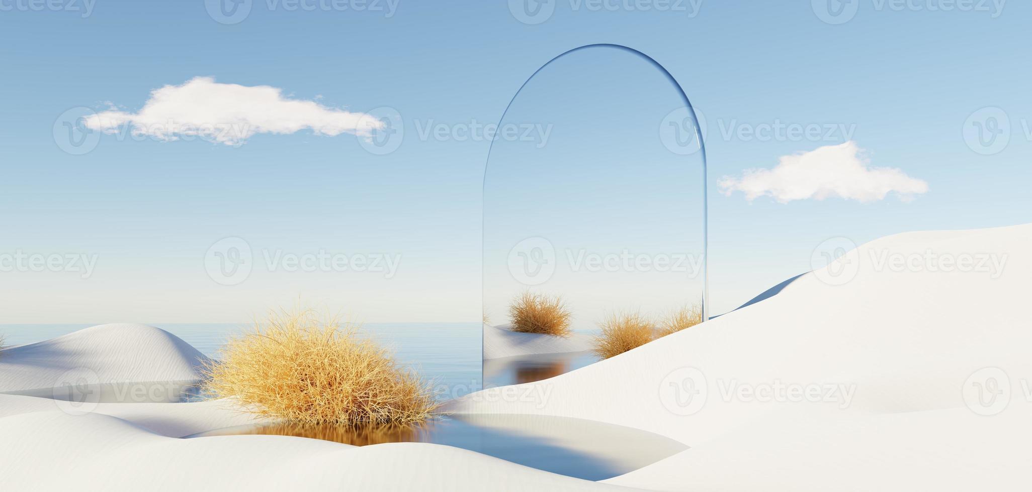 Abstract Dune in winter season landscape with geometric arch. Surreal Beautiful Dream land background. Relax and Clam island scene with water and natural clear sky. Metallic mirror arch. 3d render. photo