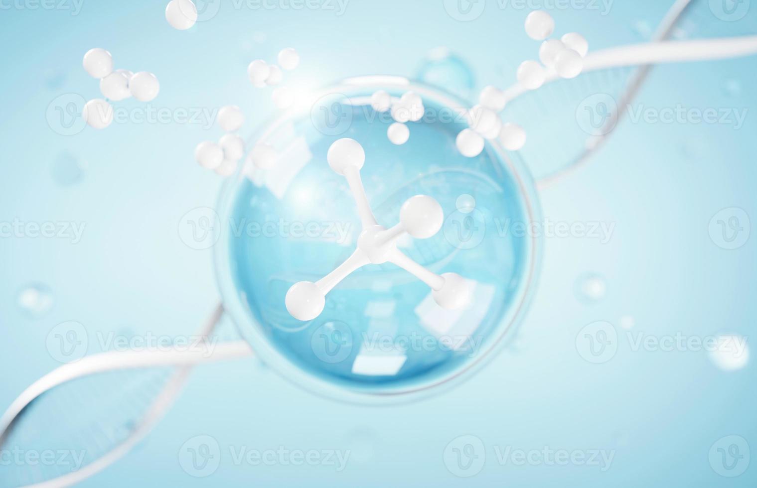 Cosmetics Essence molecule, collagen, Vitamin or Serum drop water for moisturizer. Liquid molecule chemical structure on water background. Cosmetics power treatment. Natural product. 3d rendering. photo