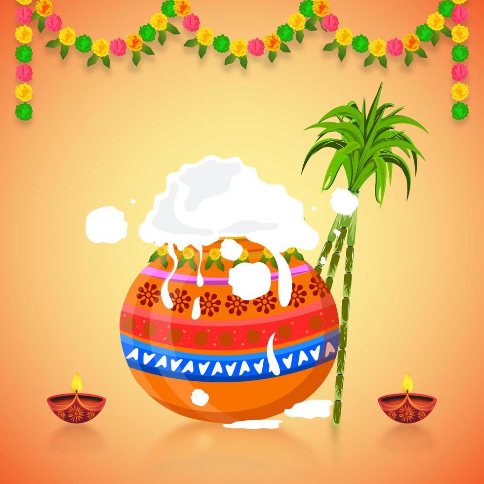 Happy Pongal Holiday Harvest Festival of Tamil Nadu South India greeting background. Vector illustration