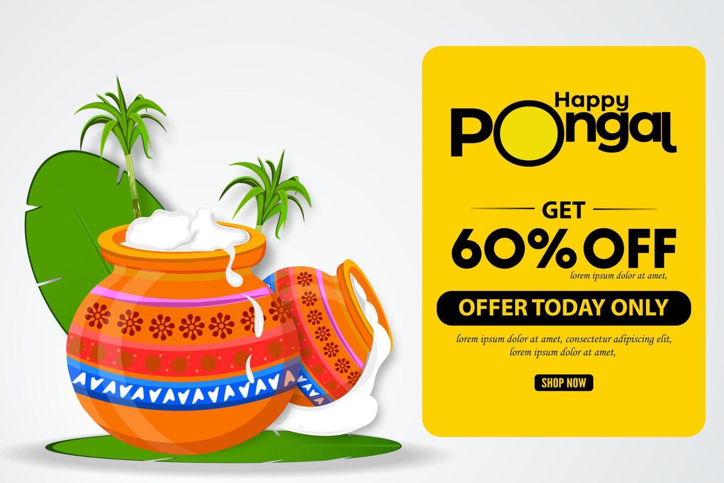 banner de oferta feliz pongal, diseño de afiches para el festival pongal de la cosecha del sur de la India. ilustración vectorial vector