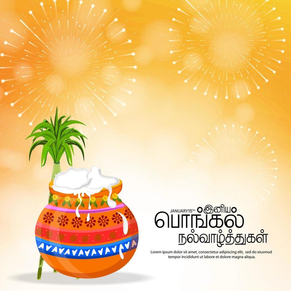 fondo de saludo del festival de la cosecha del sur de la India. imagen de caña de azúcar y hermosa olla pongal en el fondo con fuegos artificiales de celebración pongal. traducir feliz texto tamil pongal. vector