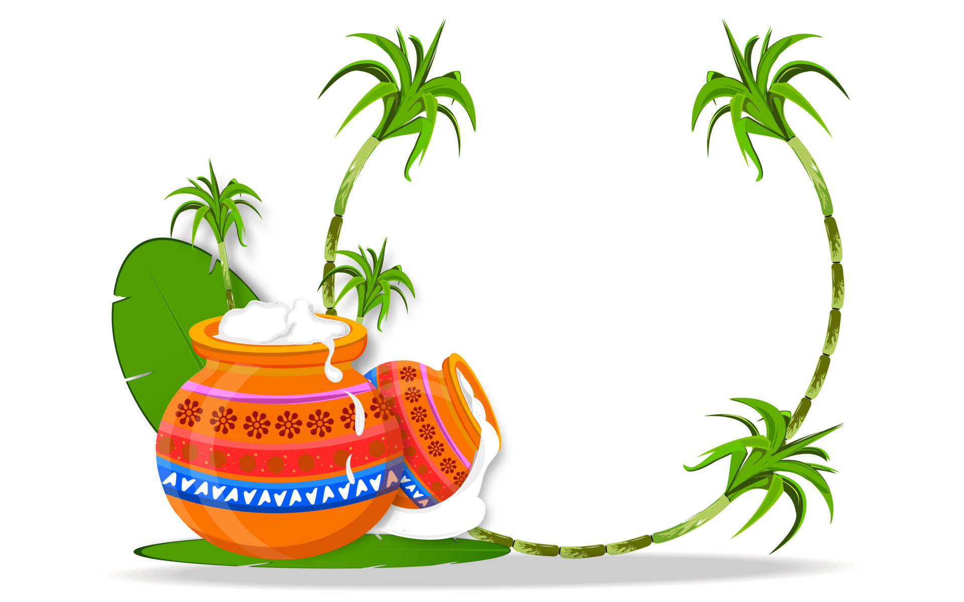 Illustration of beautiful Pongal pot and sugarcane on banana leaf for