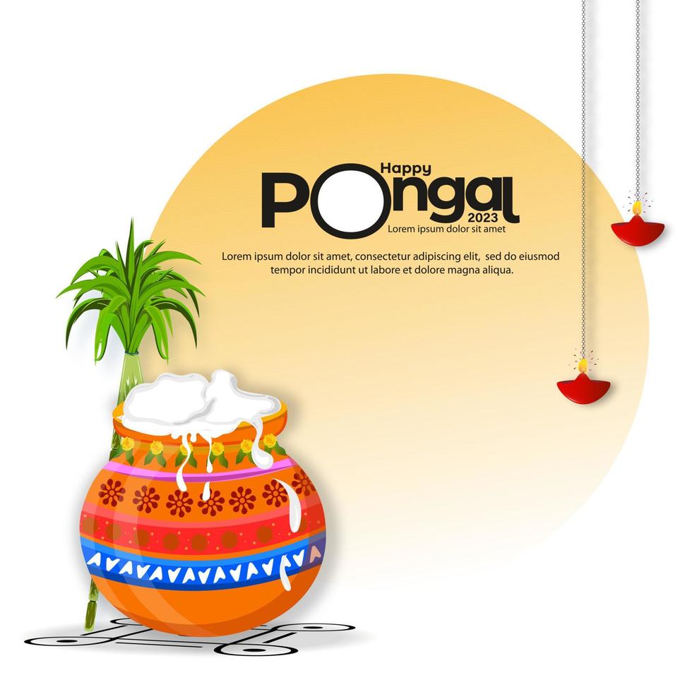 fondo de saludo del festival de la cosecha del sur de la India. feliz celebración pongal imagen de banner de hermosa olla pongal con caña de azúcar y lámpara de aceite colgante. vector