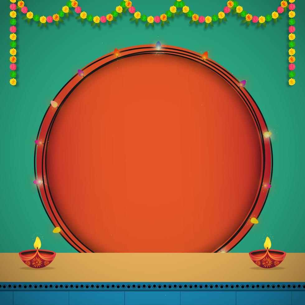 Illustration of holiday festive design background. Oil lamp with colorful light round garland frame. Can be used for advertising, product, offer, advertising, banner, poster design vector