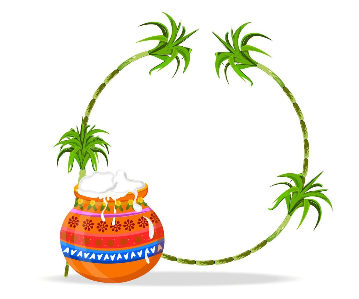 fondo de saludo del festival de la cosecha del sur de la India. ilustración de una hermosa olla pongal con marco de caña de azúcar sobre fondo blanco. vector