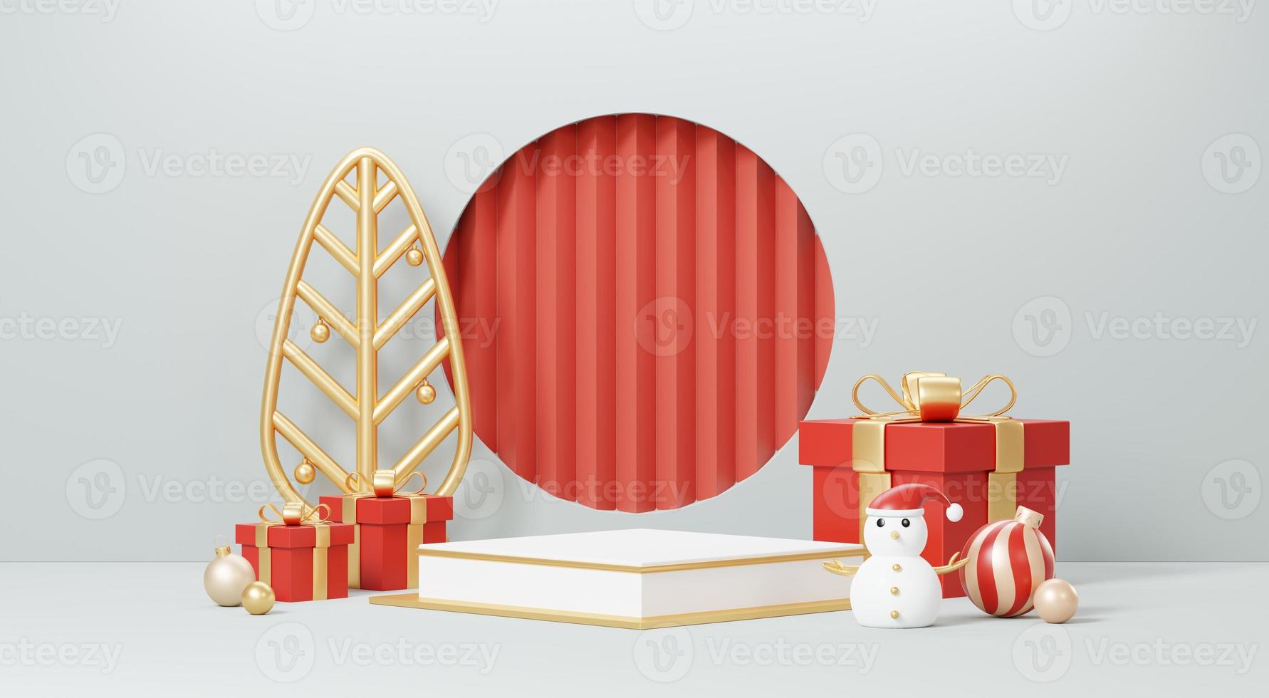 3d Render Merry Christmas Podium platforms scene decorate with christmas tree, gifts, ball and snowflakes in winter season theme. Abstract minimal pedestal product display Festivel Xmas. photo