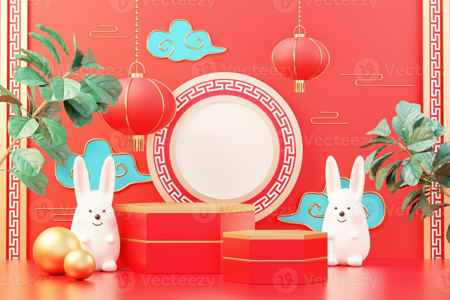 Happy Chinese new year 2023 with the year of Rabbit. Traditional Podium for showing product. Lunar new year red background decorate with Chinese texture, gold, coins, and zodiac sign. 3D render. photo