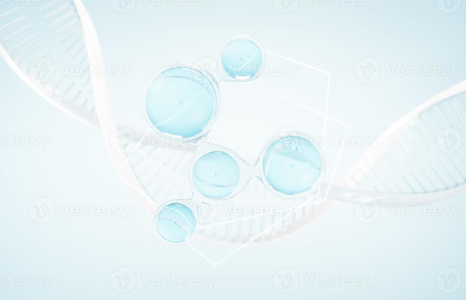 Cosmetics Essence molecule, collagen, Vitamin or Serum drop water for moisturizer. Liquid molecule chemical structure on water background. Cosmetics power treatment. Natural product. 3d rendering. photo
