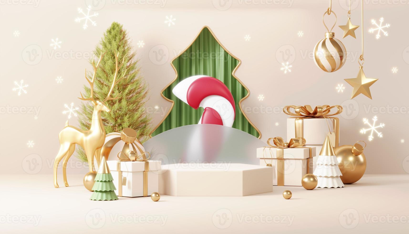 fondos navideños con plataforma de escenario de podio en un tema mínimo de evento de año nuevo. escena de feliz navidad para exhibición de productos banner simulado. decoración de pedestal de soporte vacío en la escena de invierno de Navidad. procesamiento 3d foto