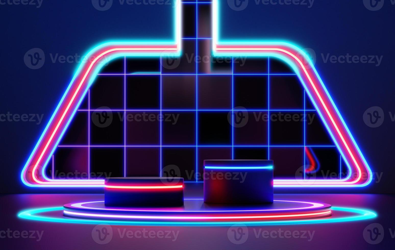 Podium backgrounds stage platform with glowing neon for product presentation and mock up. Minimal scene backdrop with clean design. Vacant pedestal for mock up. Empty stage for cosmetic. 3D render. photo