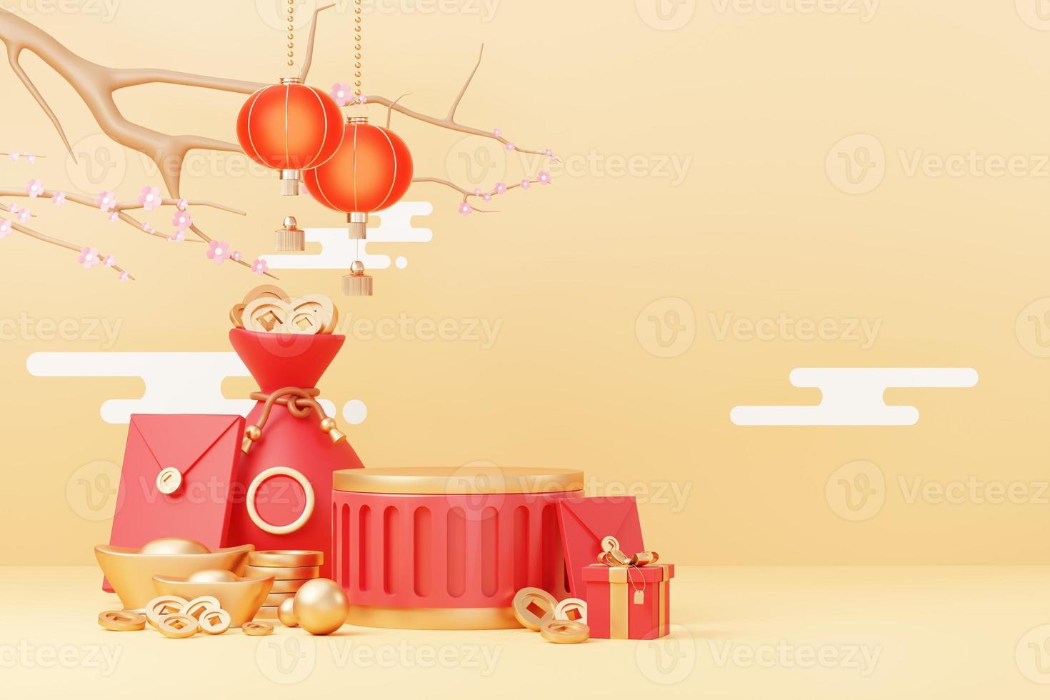 Happy Chinese new year 2023 with the year of Rabbit. Traditional Podium for showing product. Lunar new year red background decorate with Chinese texture, gold, coins, and zodiac sign. 3D render. photo