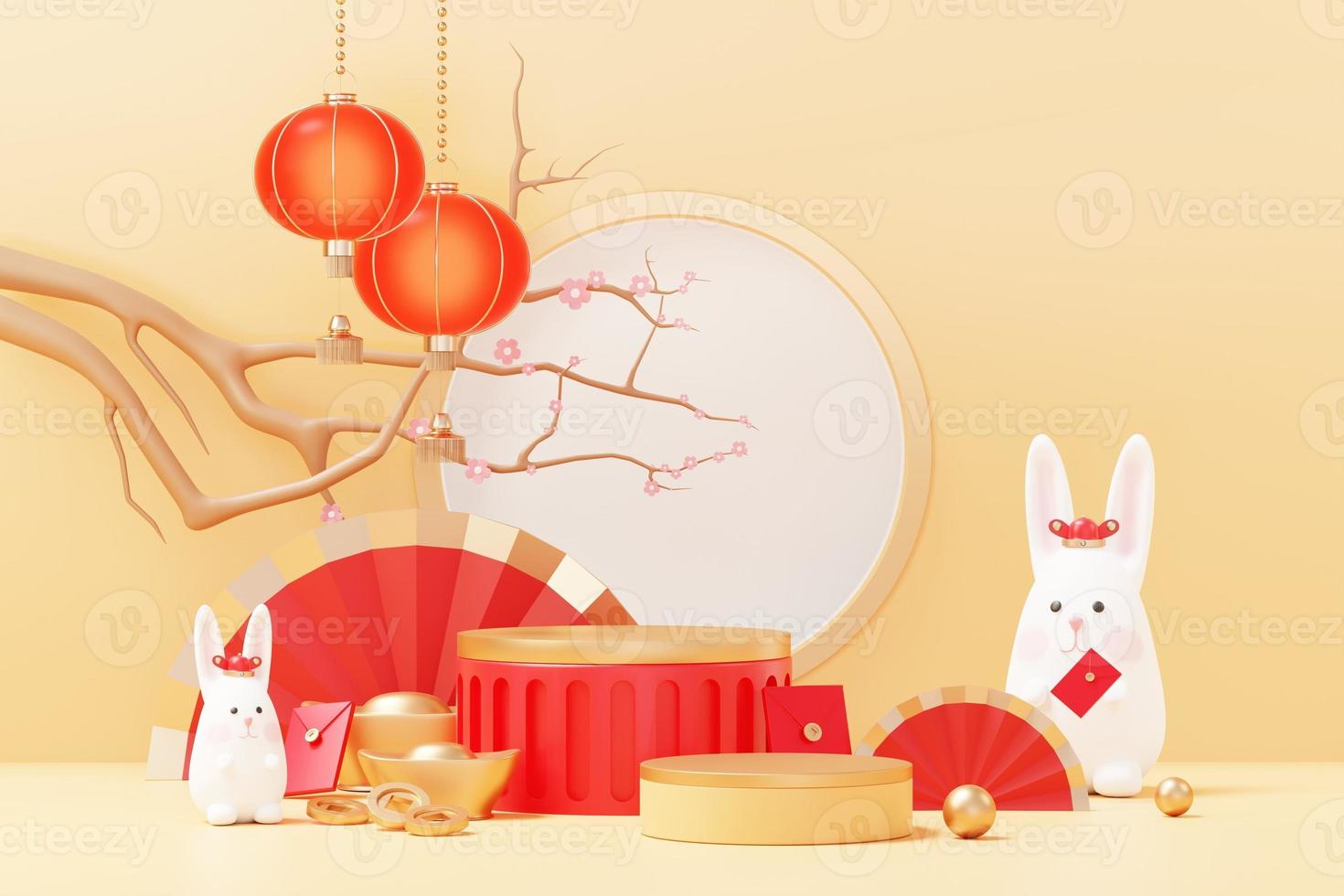 Happy Chinese new year 2023 with the year of Rabbit. Traditional Podium for showing product. Lunar new year red background decorate with Chinese texture, gold, coins, and zodiac sign. 3D render. photo