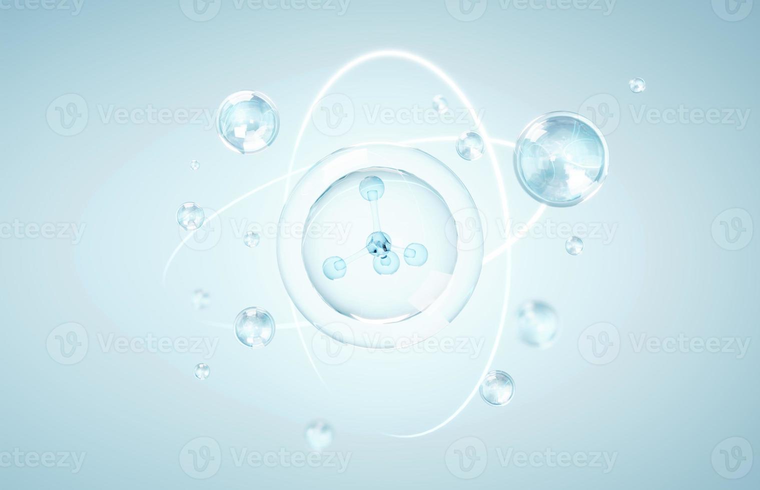 Cosmetics Essence molecule, collagen, Vitamin or Serum drop water for moisturizer. Liquid molecule chemical structure on water background. Cosmetics power treatment. Natural product. 3d rendering. photo