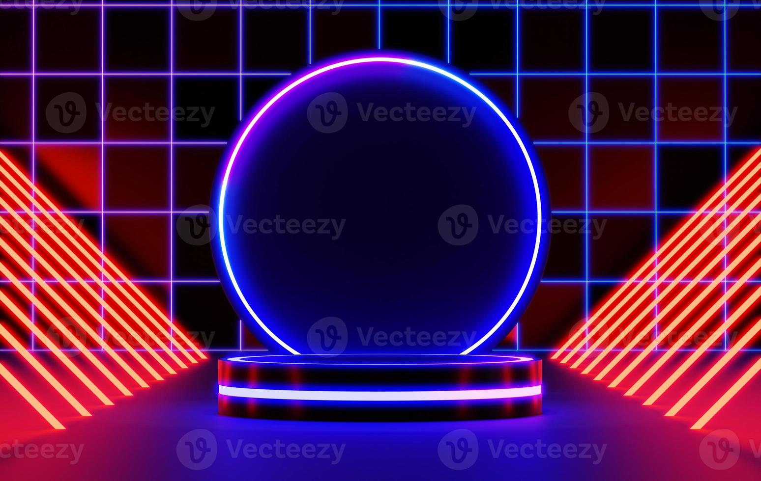 Podium backgrounds stage platform with glowing neon for product presentation and mock up. Minimal scene backdrop with clean design. Vacant pedestal for mock up. Empty stage for cosmetic. 3D render. photo