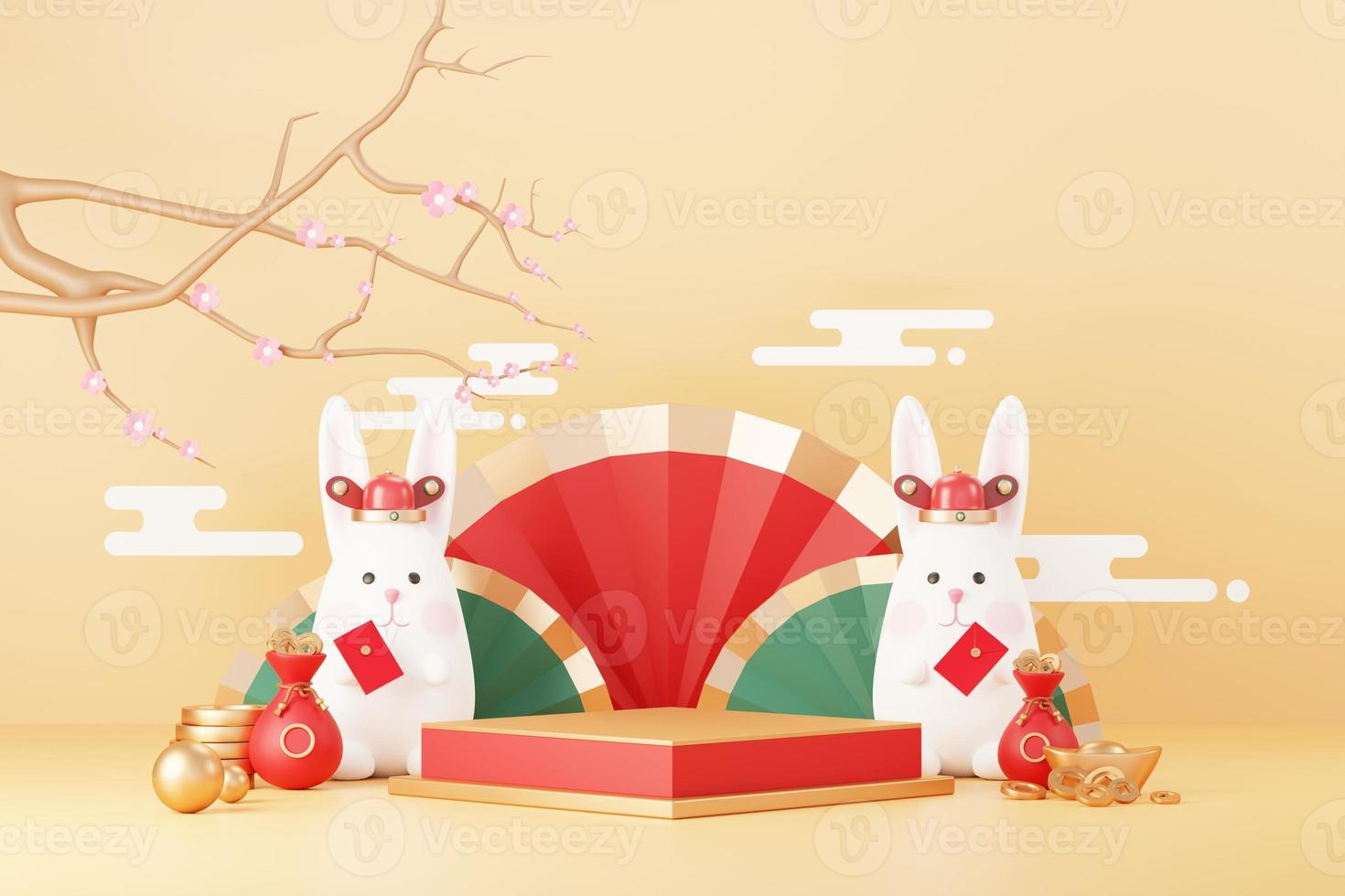 Happy Chinese new year 2023 with the year of Rabbit. Traditional Podium for showing product. Lunar new year red background decorate with Chinese texture, gold, coins, and zodiac sign. 3D render. photo