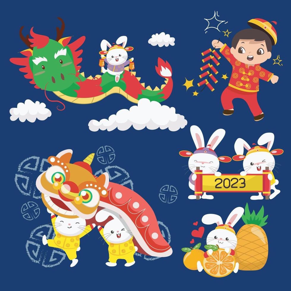 Cute illustration of Chinese lunar year. Chinese New Year. Water Rabbit year of 2023. Vector backgrounds.