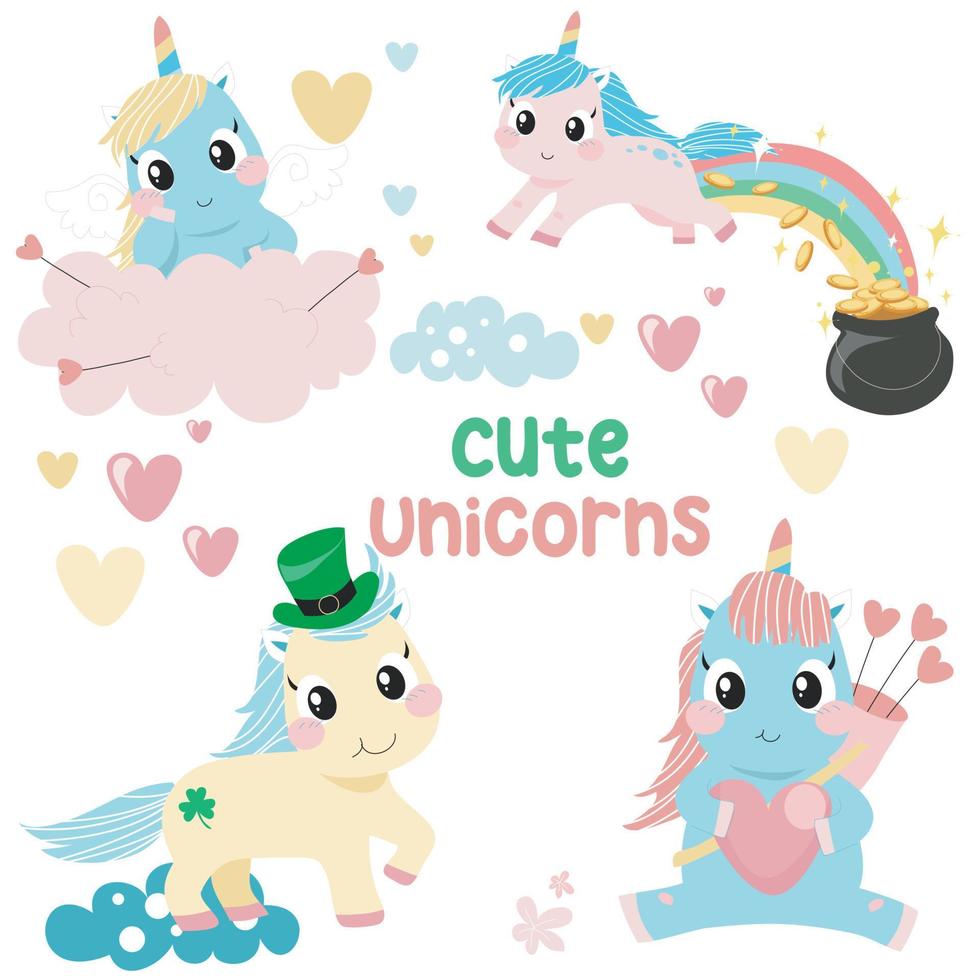 Set of cute unicorns on white background for kids fashion artworks, children books, birthday invitations, greeting cards, posters. Fantasy cartoon vector illustration. Vector file.