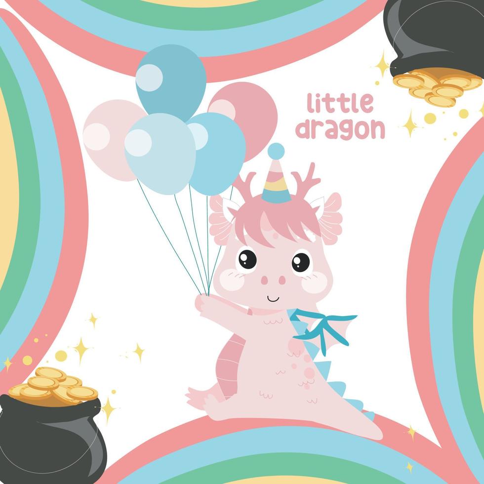 Cute little dragon flashcard on white background. Funny fantasy cartoon character. Its for kids fashion artworks, children books, birthday invitations, greeting cards, posters. Vector file.