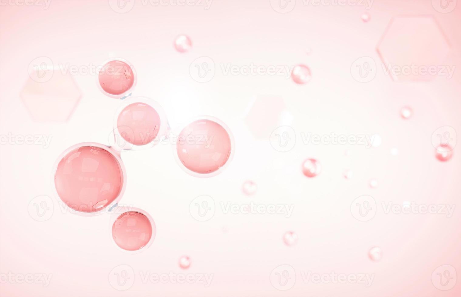Cosmetics Essence molecule, collagen, Vitamin or Serum drop water for moisturizer. Liquid molecule chemical structure on water background. Cosmetics power treatment. Natural product. 3d rendering. photo