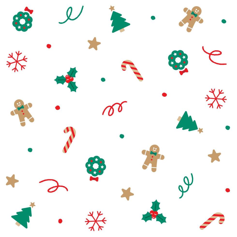 Cute Merry Christmas Holly Star Snowflake Gingerbread Candy Cane Christmas Tree Confetti Element Ditsy Sprinkle Sparkle Dot Spring Line Abstract Red Green Seamless Pattern Background Christmas Party vector