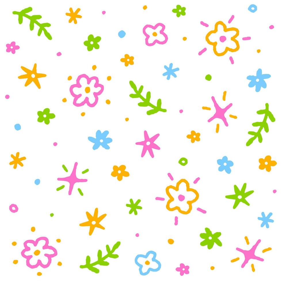 lindo confeti margarita flor flor floral espolvorear chispa flor ditsy brillo punto línea dibujo a mano dibujos animados colorido patrón sin costuras fondo para la celebración de la fiesta de primavera verano vector