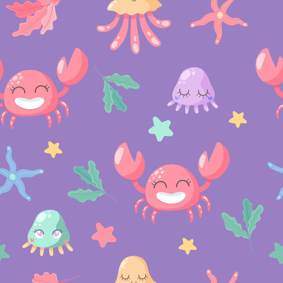 Hand drawn Seamless pattern with cute crabs, starfishes and seaweed. Vector image for kids digital textile fabric paper