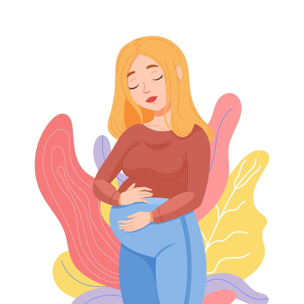 Vector image of a beautiful blonde pregnant woman touching her baby bump