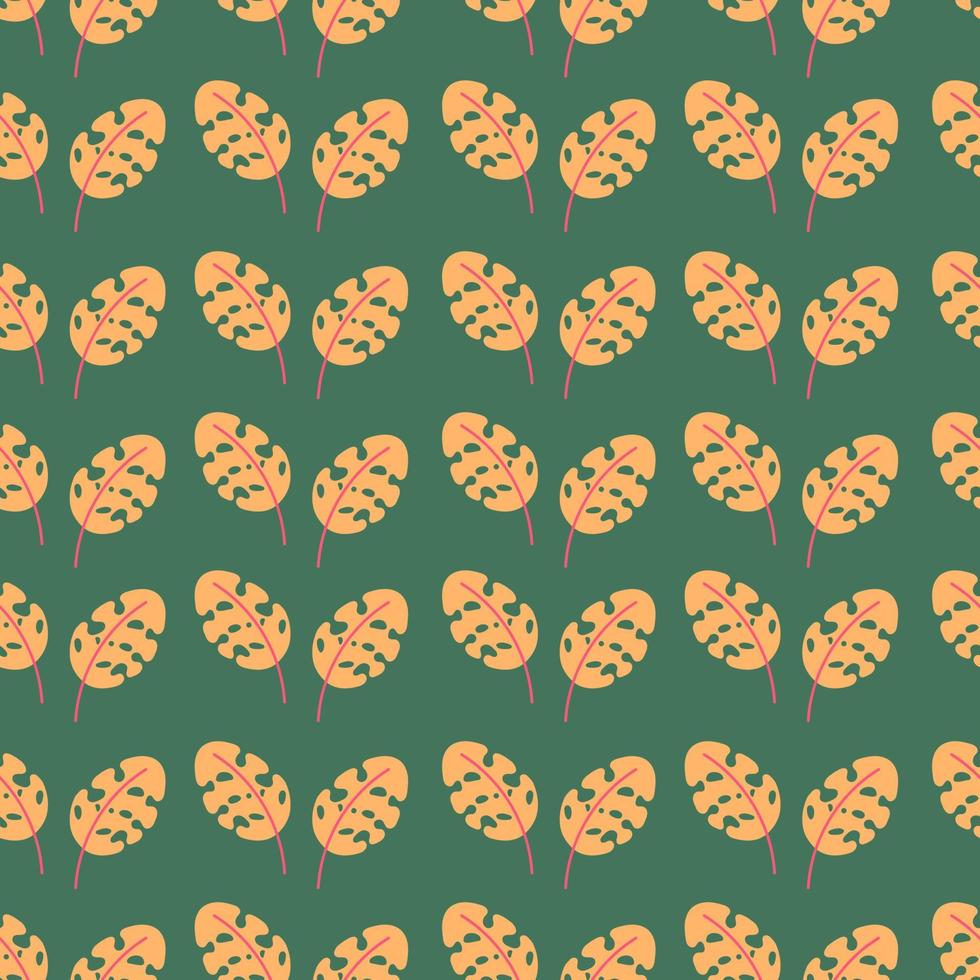 Yellow tropical leaves vector seamless pattern on a green background
