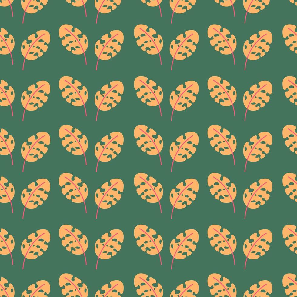 Yellow tropical leaves vector seamless pattern on a green background