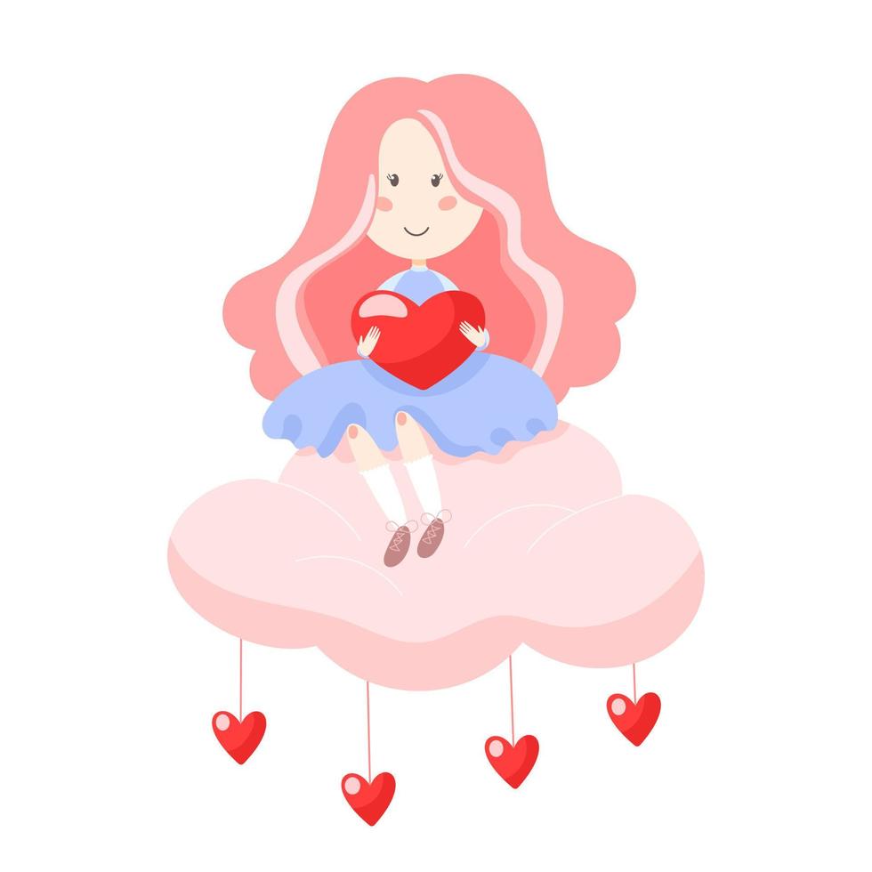 linda chica de pelo rosa sosteniendo un corazón rojo y sentada en una nube rosa de la que cuelgan pequeños corazones vector