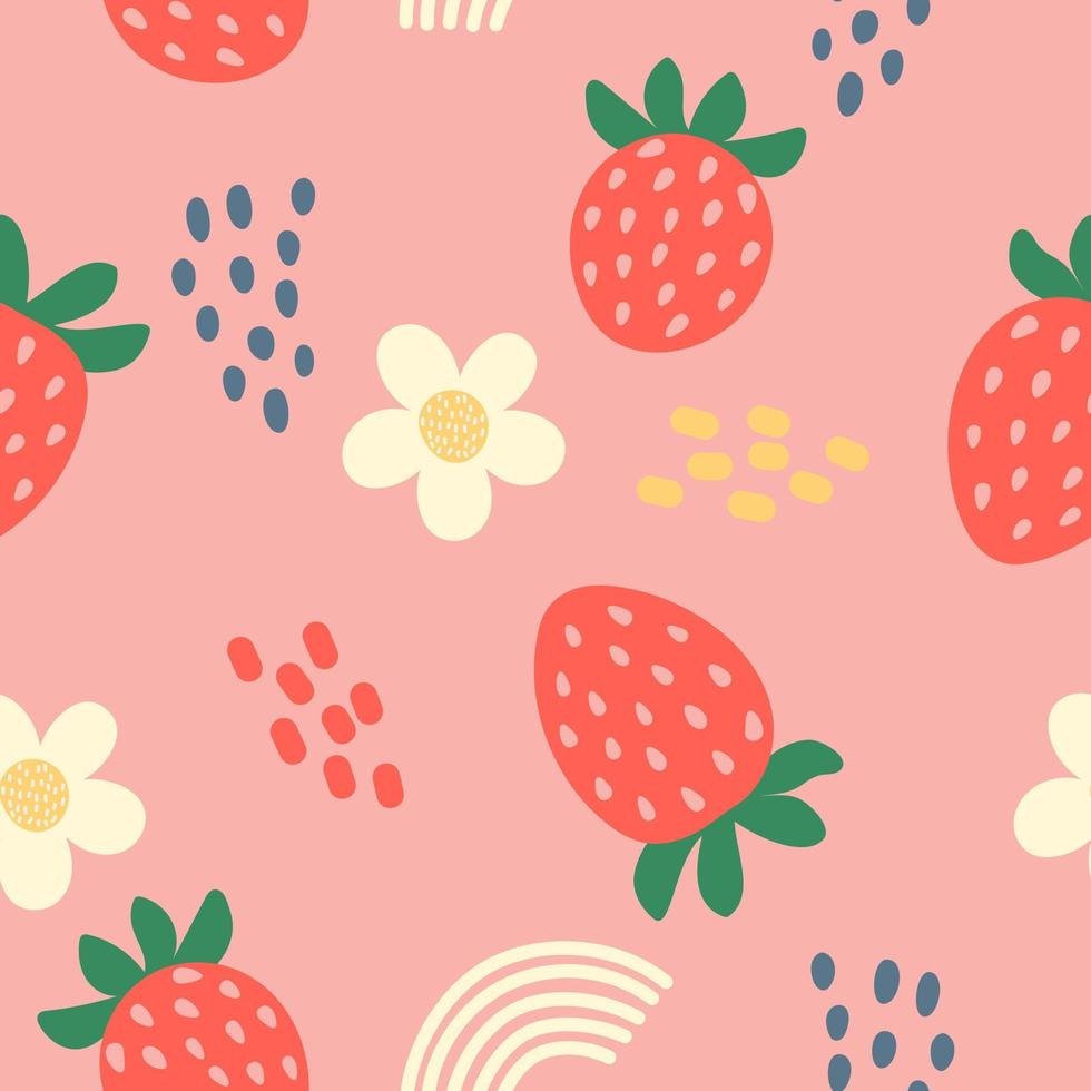 patrón vectorial sin costuras con lindas fresas, semillas y flores de estilo de dibujos animados sobre un fondo rosa vector