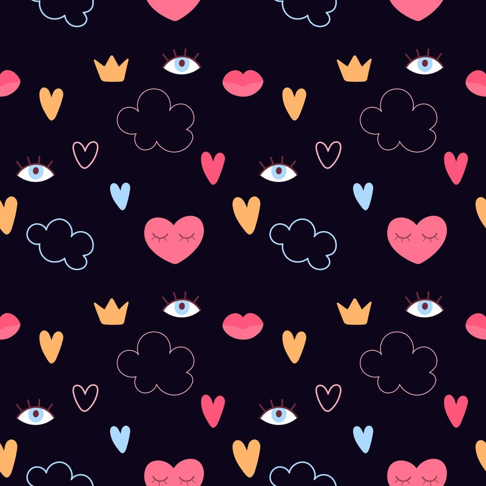 Cute doodle style vector pattern with clouds, hearts, crowns, lips and eyes