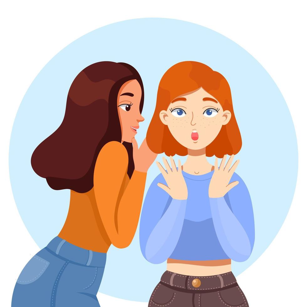 Flat vector image of a girl whispers a secret to another girl. the concept of talkativeness and gossips