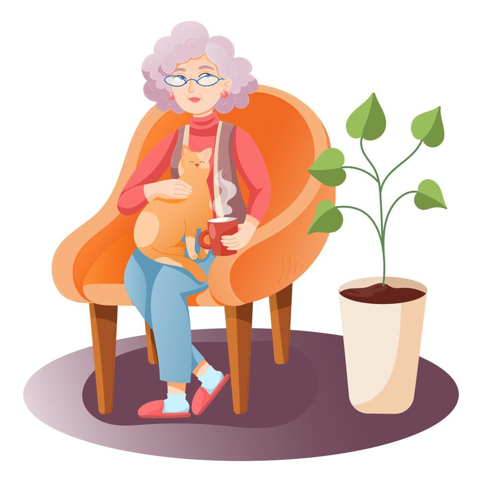 Beautiful old lady in glasses sitting in an armchair petting a cat and holding a cup vector