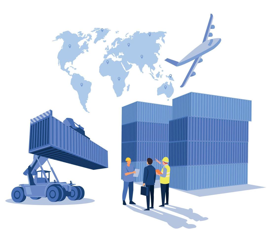 Logistics and shipping of container truck at ship port for business Container Cargo ship and cargo plane with crane bridge working at shipyard at sunrise, logistics import export and shipping vector