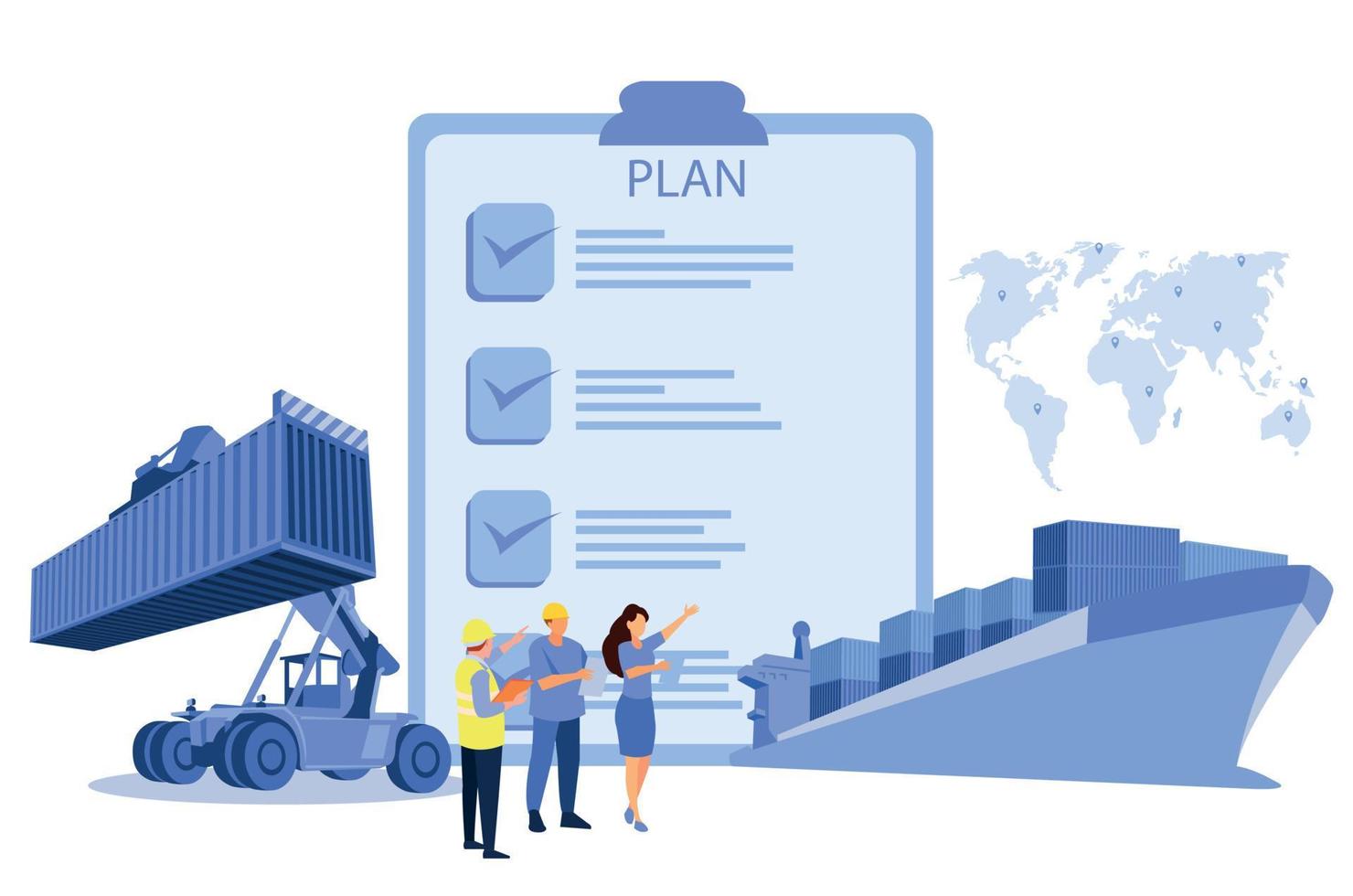 Logistics and shipping of container truck at ship port for business Container Cargo ship and cargo plane with crane bridge working at shipyard at sunrise, logistics import export and shipping vector