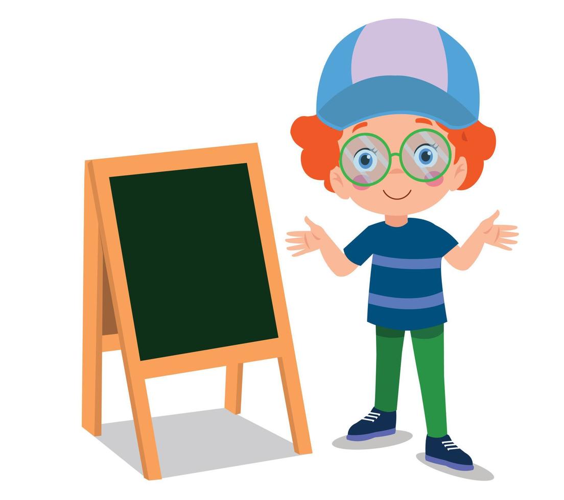 classroom board and cute little boy next to it vector