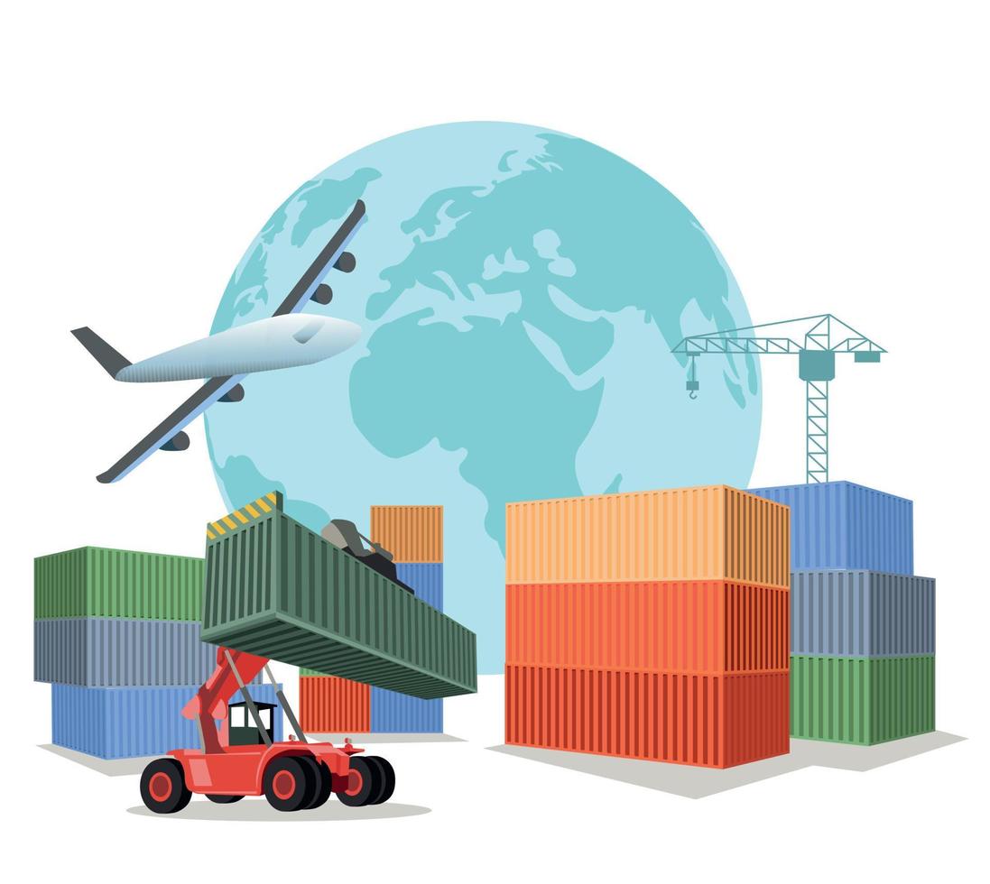 Logistics and shipping of container truck at ship port for business Container Cargo ship and cargo plane with crane bridge working at shipyard at sunrise, logistics import export and shipping vector